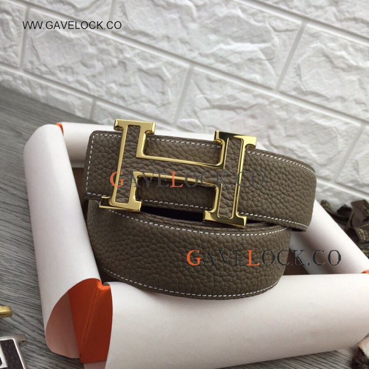 Copy Hermes Lychee Grain Cowhide Leather Belt Khaki Belt